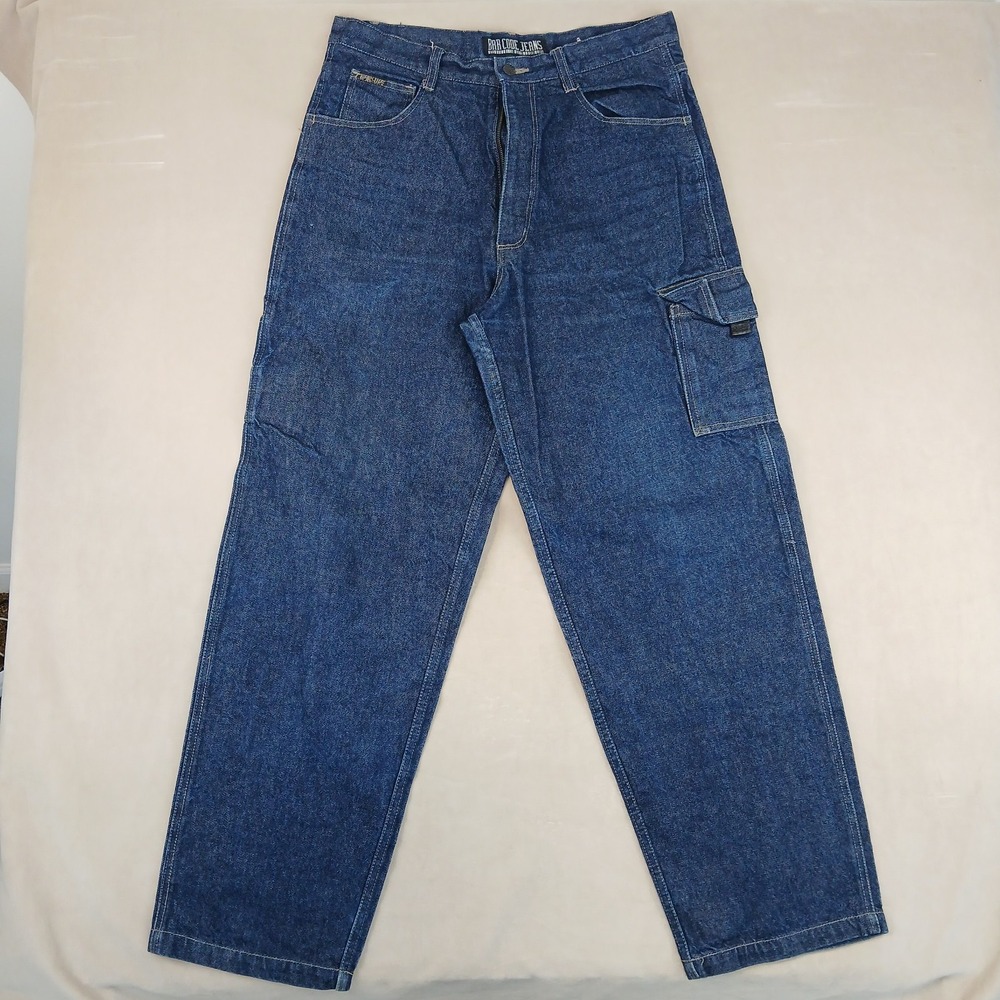 VTG Barcode 34x33 Mens Cargo Jeans 90s **BROKEN ZIPPER** Hip Hop Skater Baggy‎